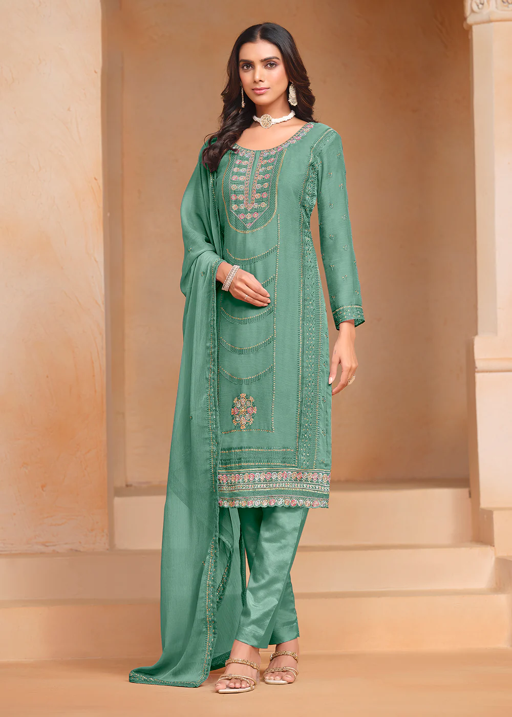 Aqua Organza Chiffon Embroidered Festive Salwar Suit - Image 4