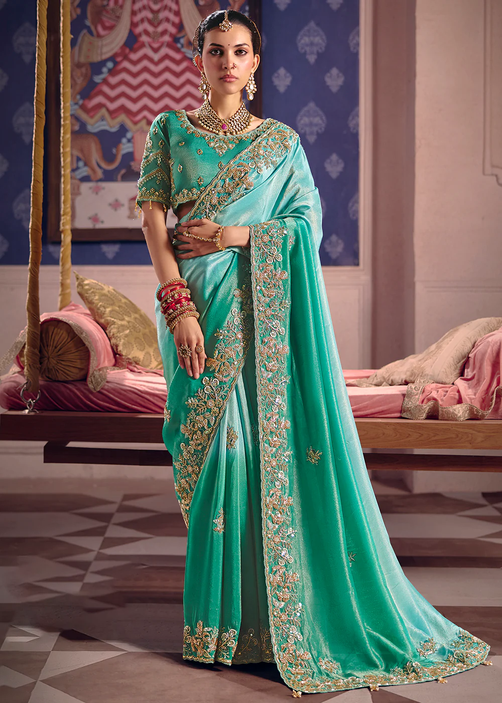 Aqua Premium Tissue Zari Embroidered Designer Saree