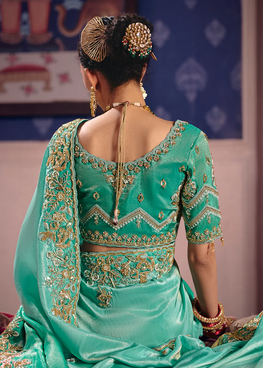 Aqua Premium Tissue Zari Embroidered Designer Saree - Image 3