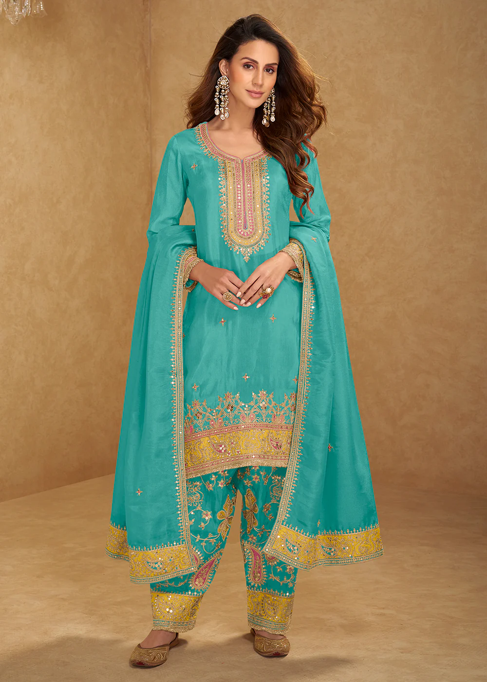 Aqua Punjabi Style Embroidered Festive Salwar Kameez