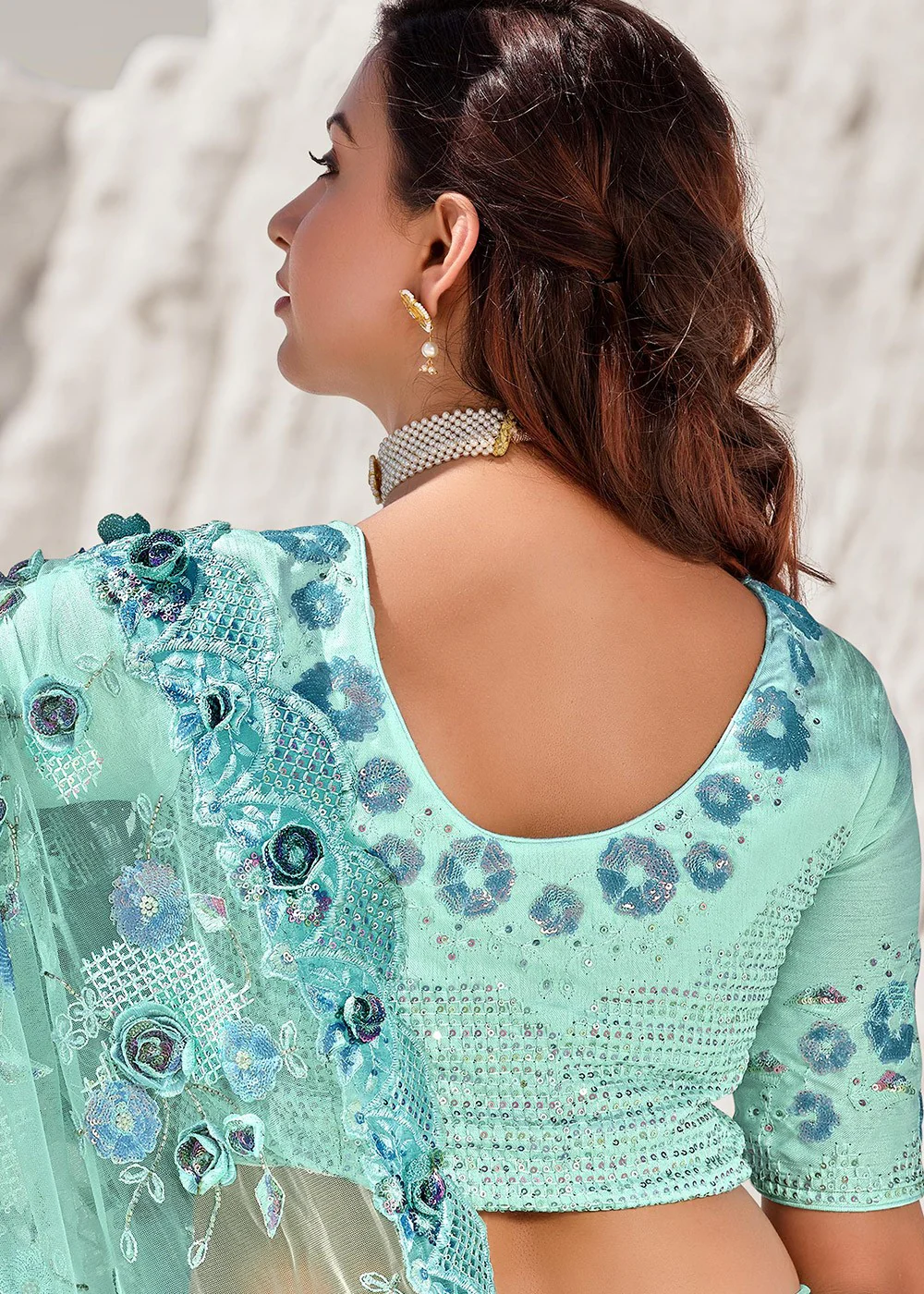 Arctic Blue Floral Embroidered Net Saree - Image 3