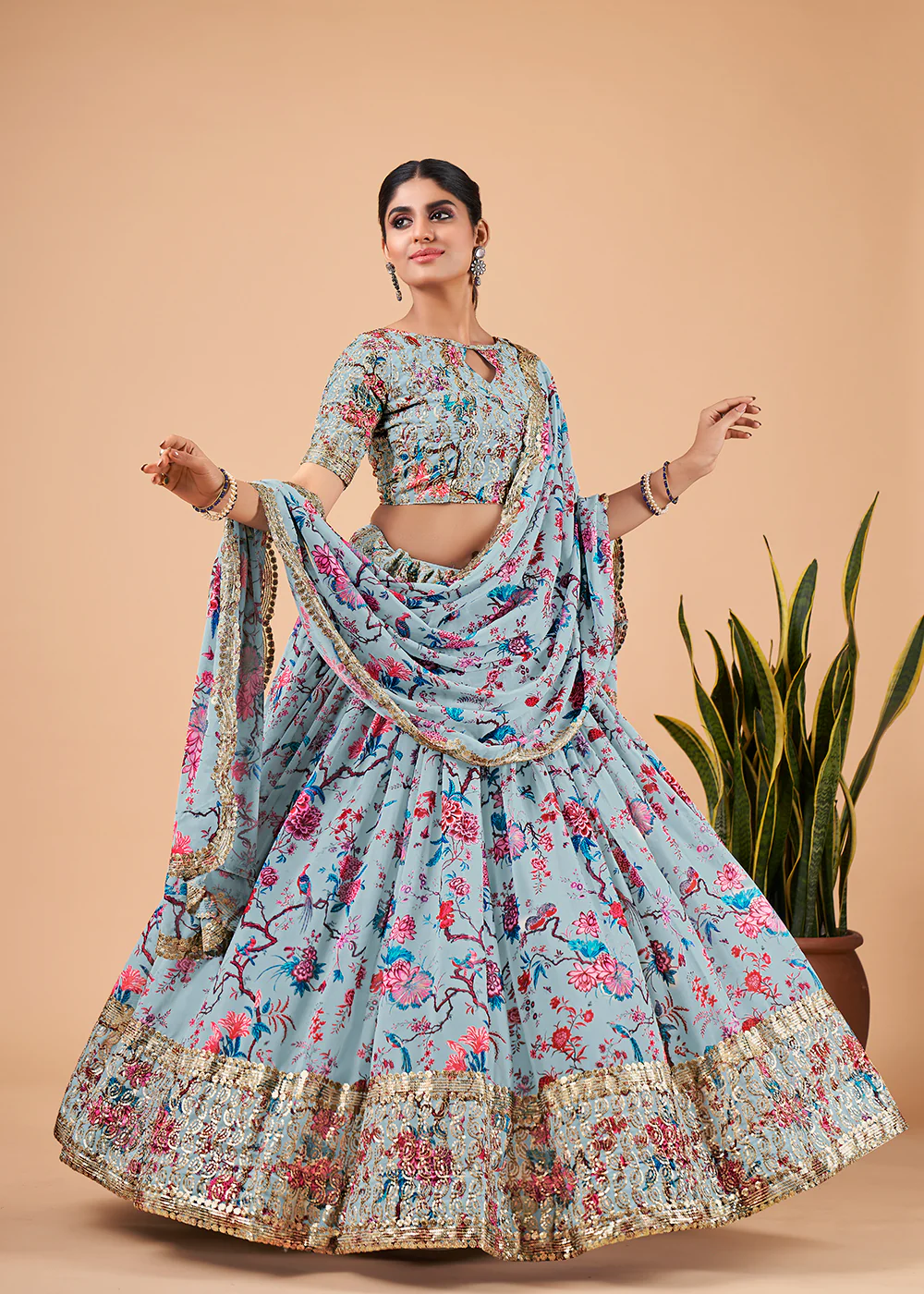 Aristocratic Sky Blue Floral Printed Georgette Lehenga Choli - Image 3