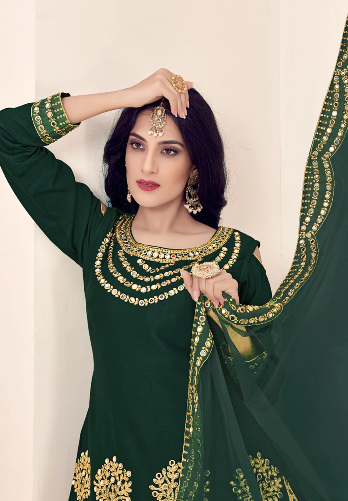 Art Silk Bottle Green Embroidered Punjabi Patiala Suit - Image 3