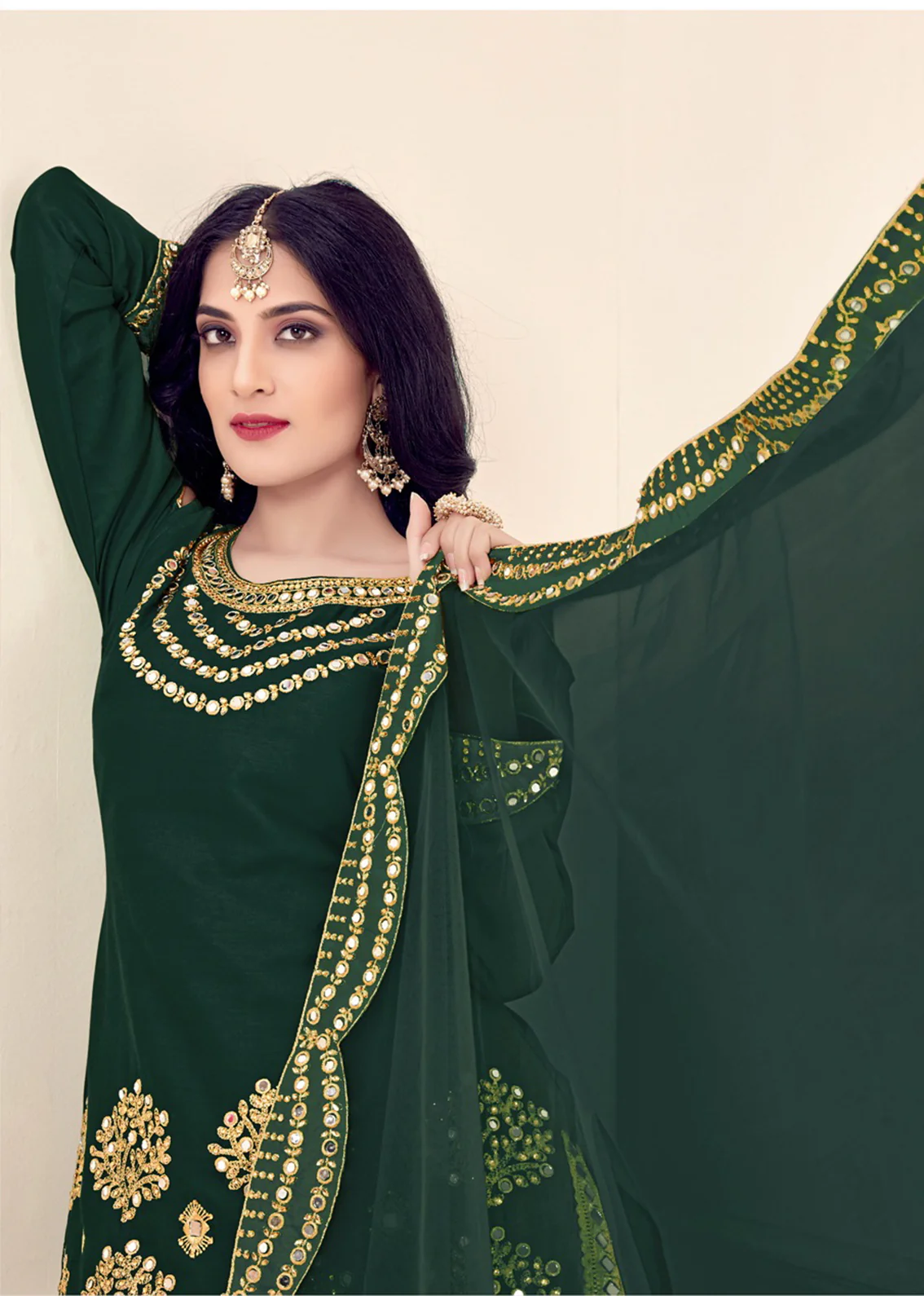 Art Silk Bottle Green Embroidered Punjabi Patiala Suit - Image 4