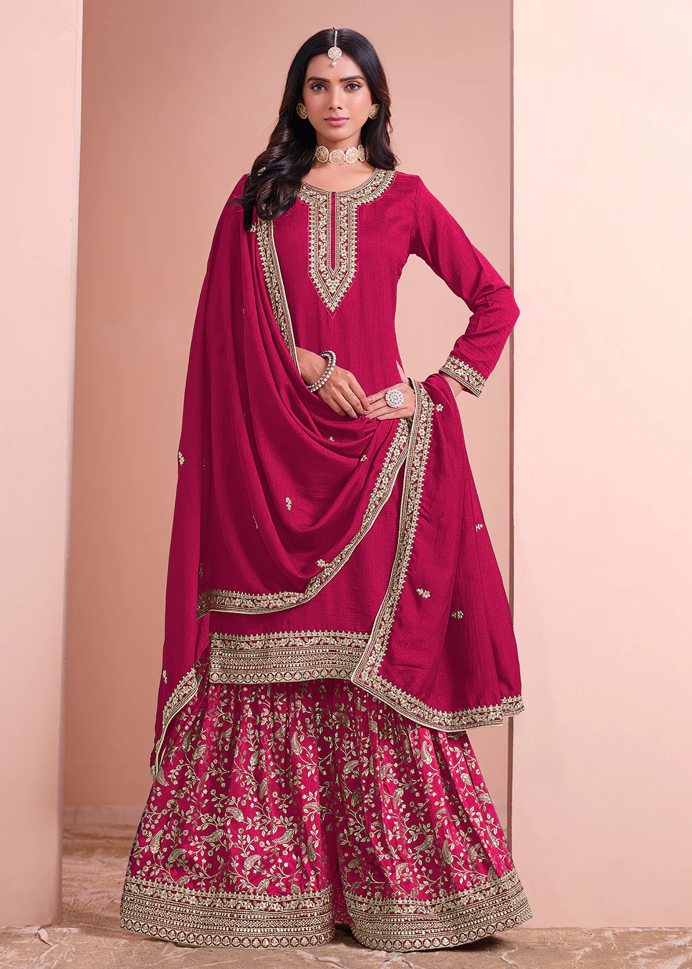 Art Silk Hot Pink Embroidered Gharara Style Suit - Image 3