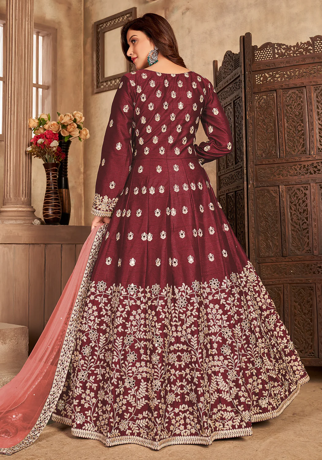 Art Silk Maroon Front Slit Designer Anarkali Suit - Image 3