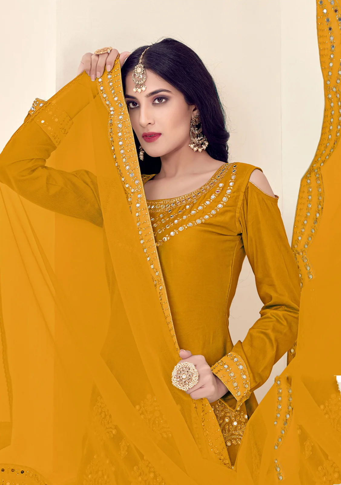 Art Silk Mustard Yellow Embroidered Punjabi Patiala Suit - Image 2