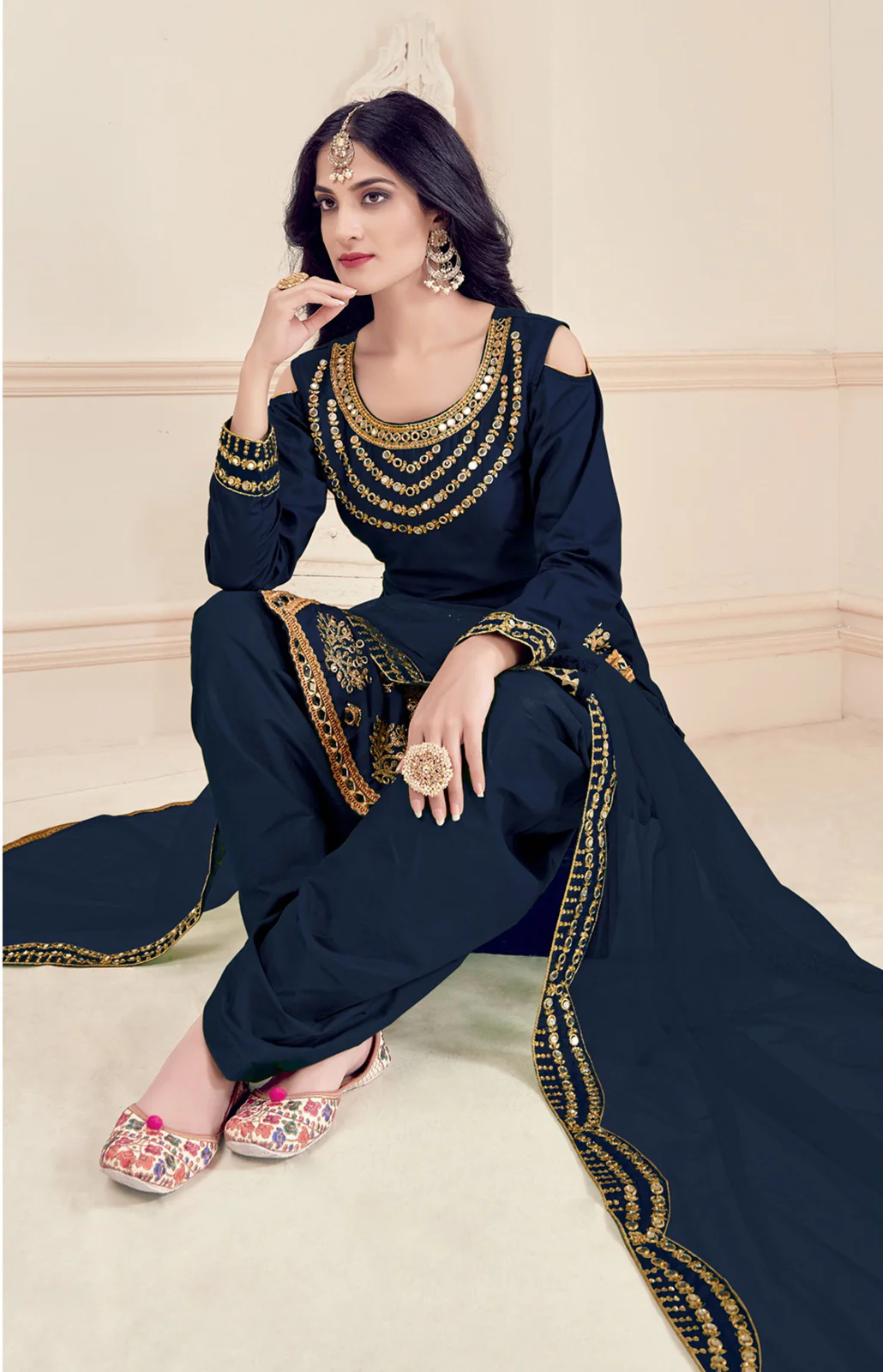 Art Silk Navy Blue Embroidered Punjabi Patiala Suit - Image 3