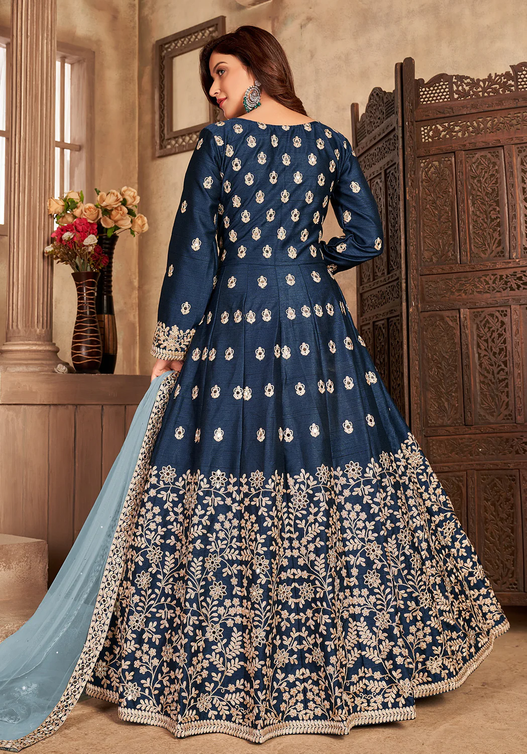 Art Silk Navy Blue Front Slit Designer Anarkali Suit - Image 3