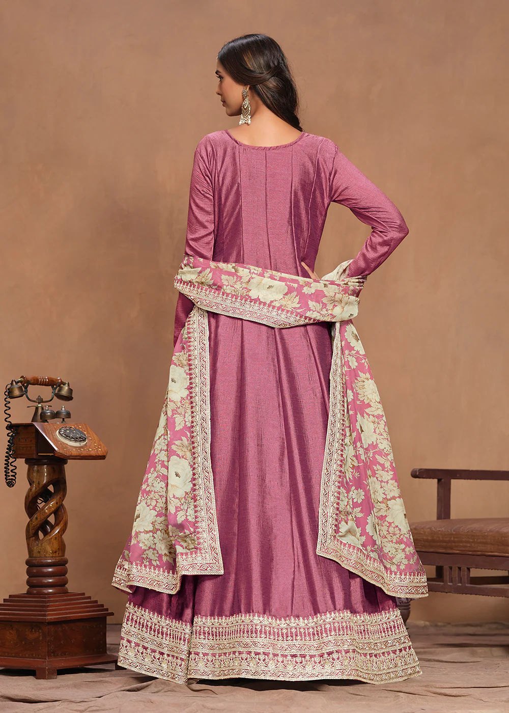Art Silk Pink Embroidered Wedding Anarkali Gown - Image 3