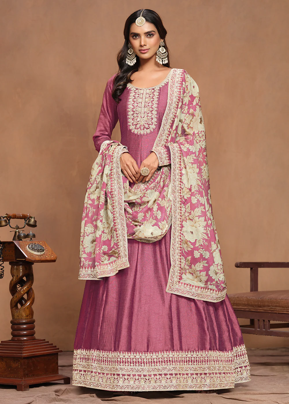 Art Silk Pink Embroidered Wedding Anarkali Gown - Image 4