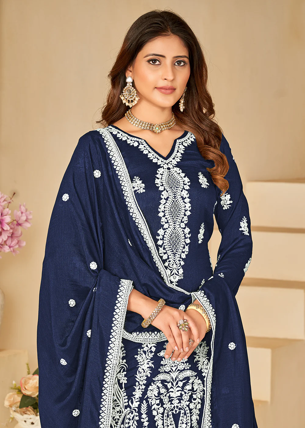 Art Silk Pretty Blue Embroidered Palazzo Style Suit - Image 2