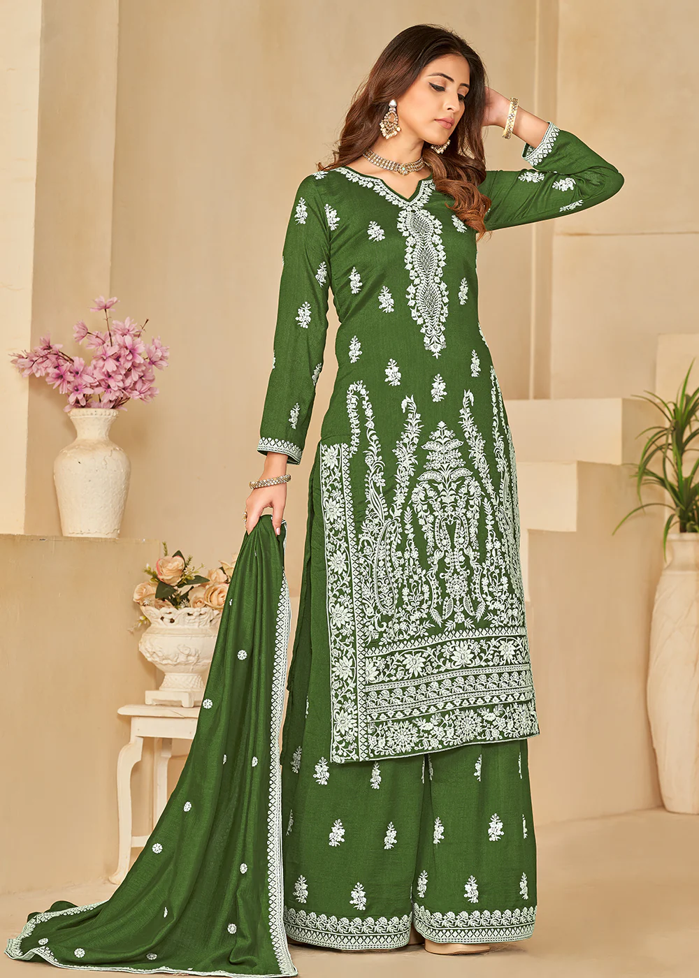 Art Silk Pretty Green Embroidered Palazzo Style Suit - Image 3