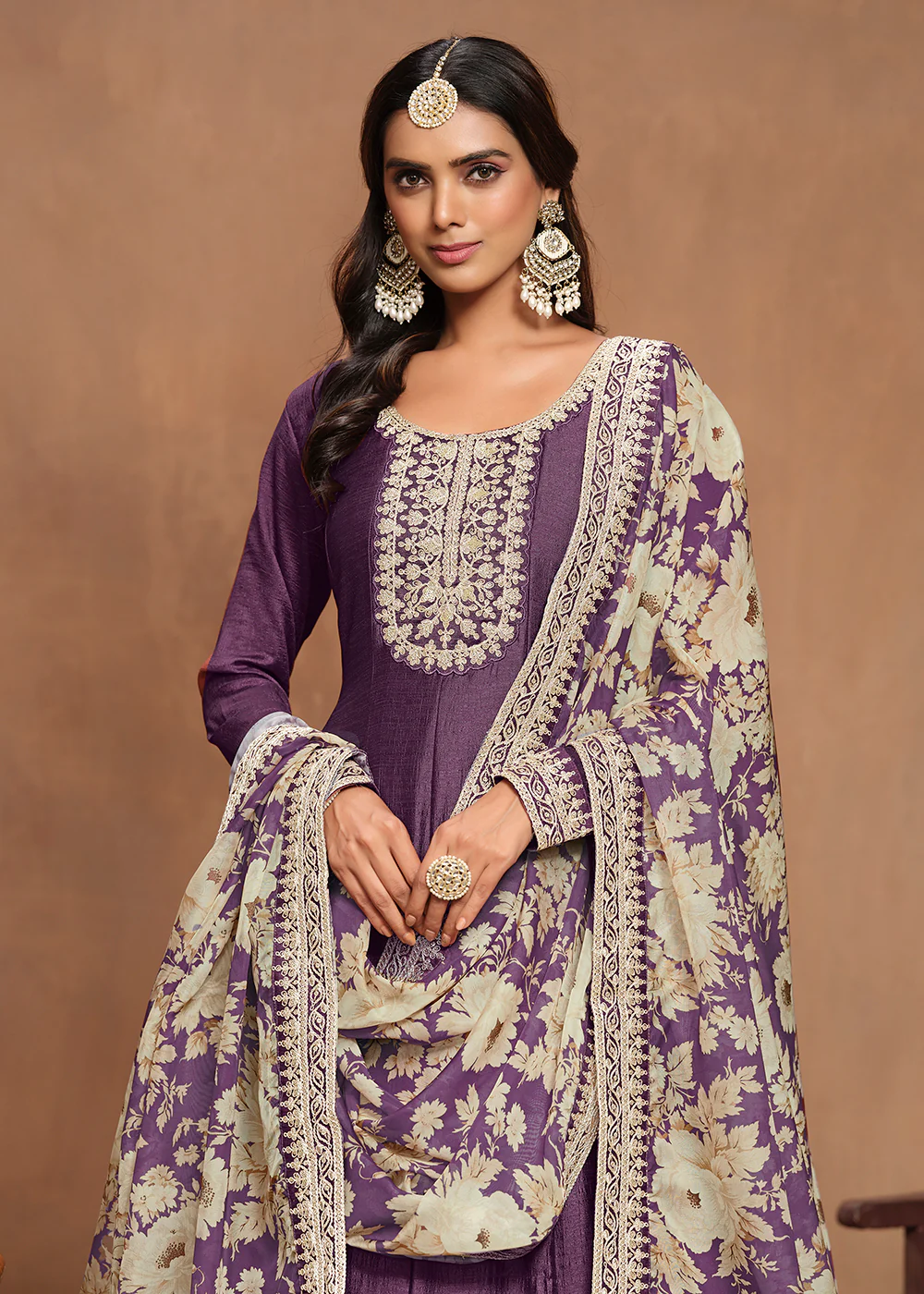 Art Silk Purple Embroidered Wedding Anarkali Gown - Image 2