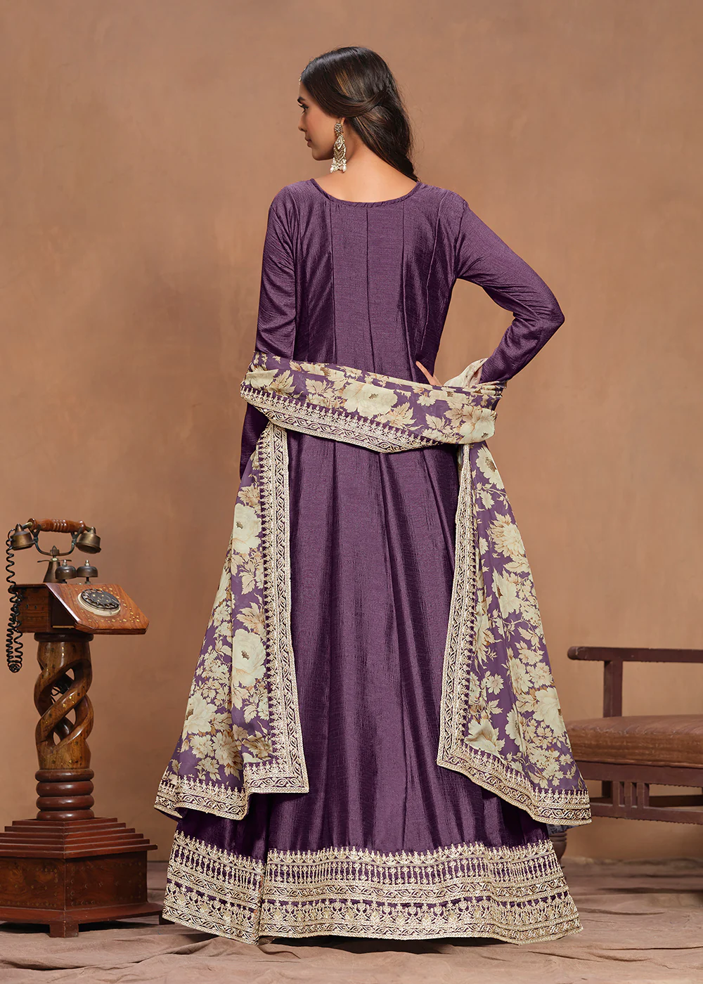 Art Silk Purple Embroidered Wedding Anarkali Gown - Image 3