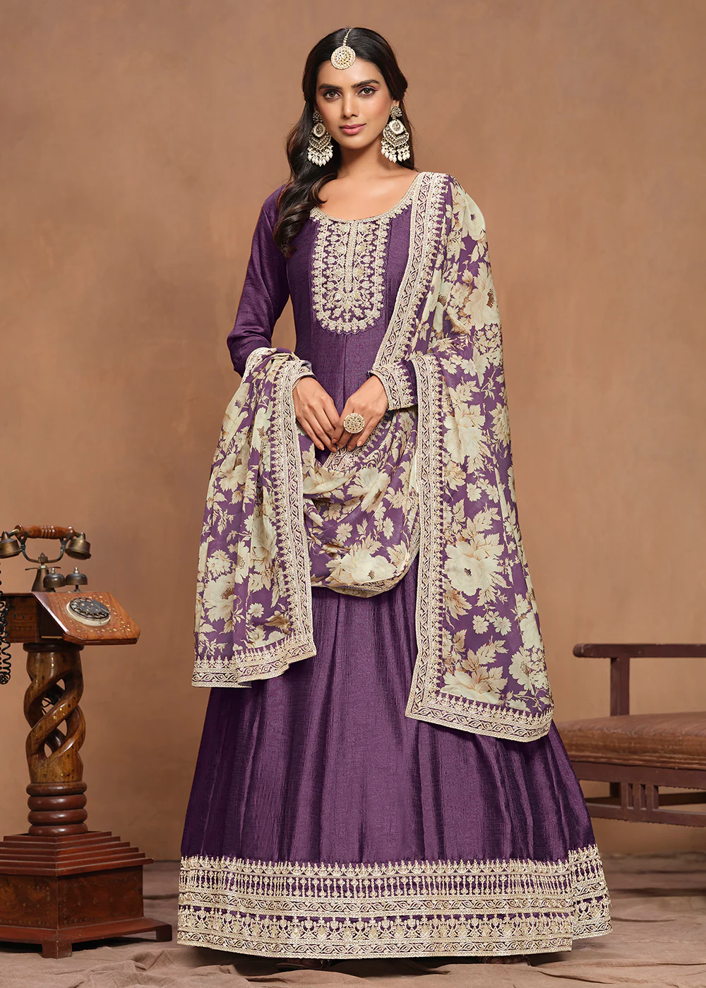 Art Silk Purple Embroidered Wedding Anarkali Gown - Image 4