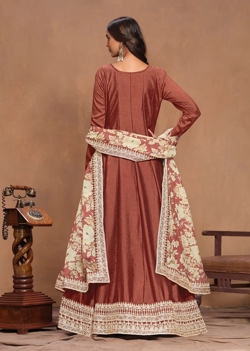 Art Silk Rusty Embroidered Wedding Anarkali Gown - Image 3
