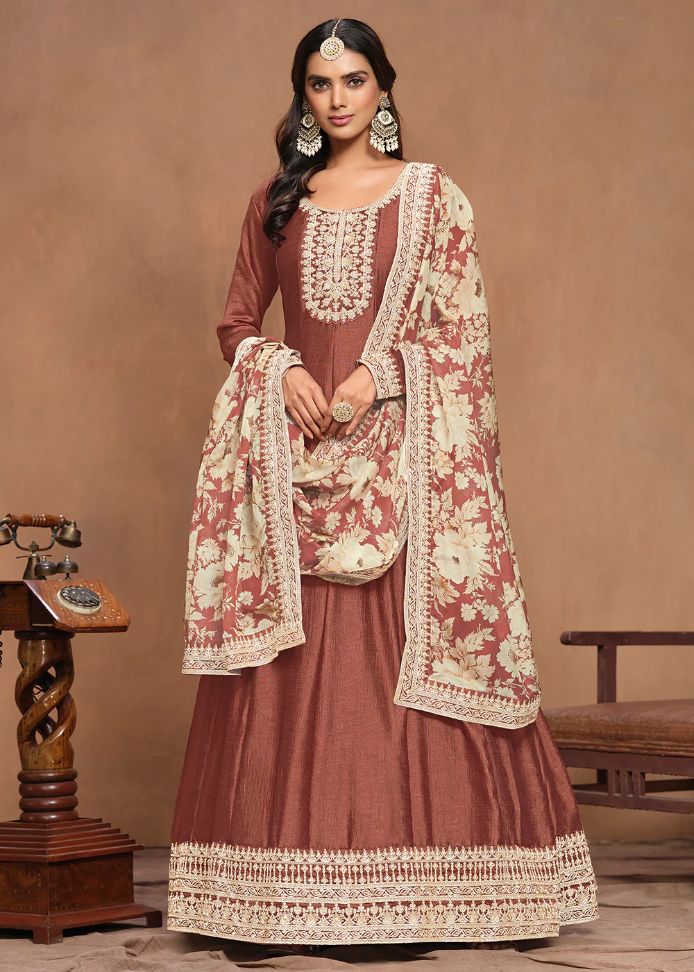 Art Silk Rusty Embroidered Wedding Anarkali Gown - Image 4