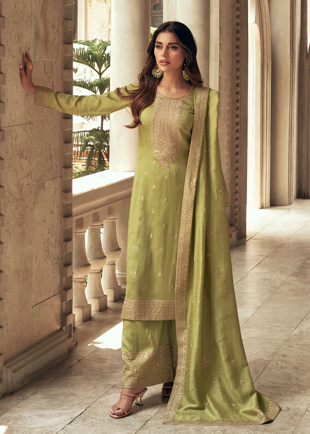 Art Silk Stunning Green Embroidered Festive Palazzo Suit