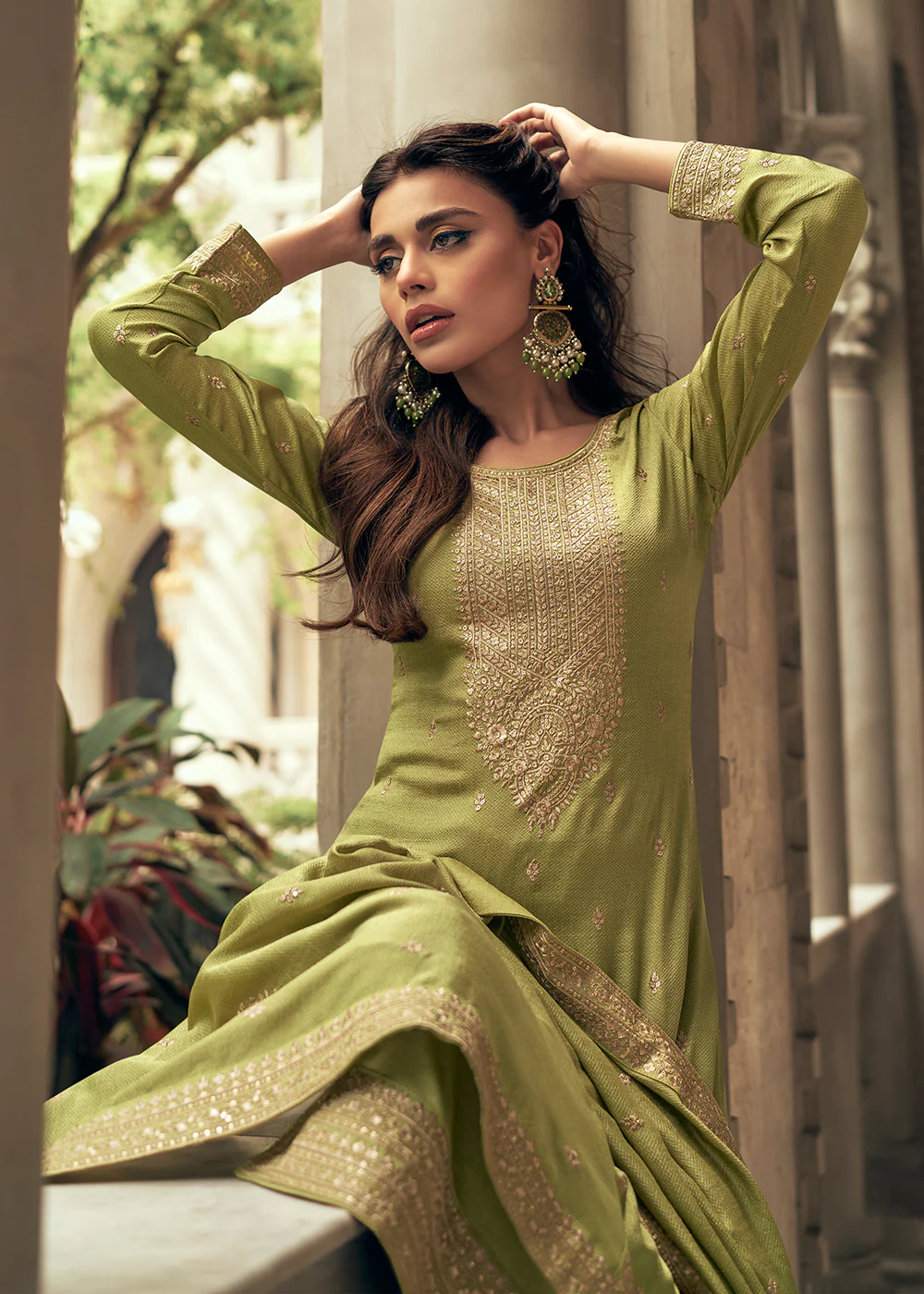 Art Silk Stunning Green Embroidered Festive Palazzo Suit - Image 2