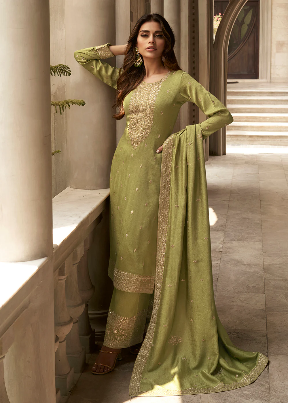 Art Silk Stunning Green Embroidered Festive Palazzo Suit - Image 3