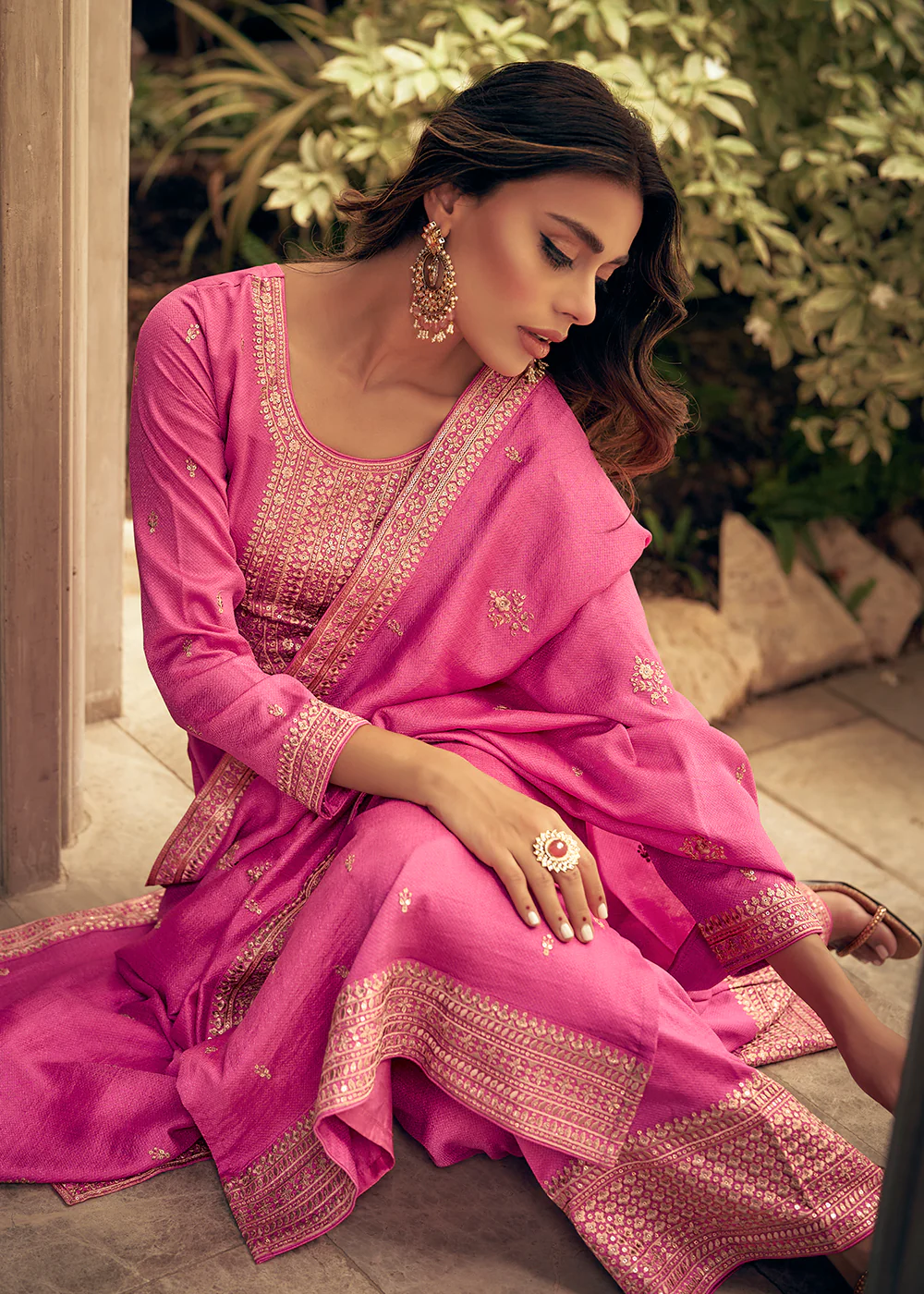 Art Silk Stunning Pink Embroidered Festive Palazzo Suit - Image 5