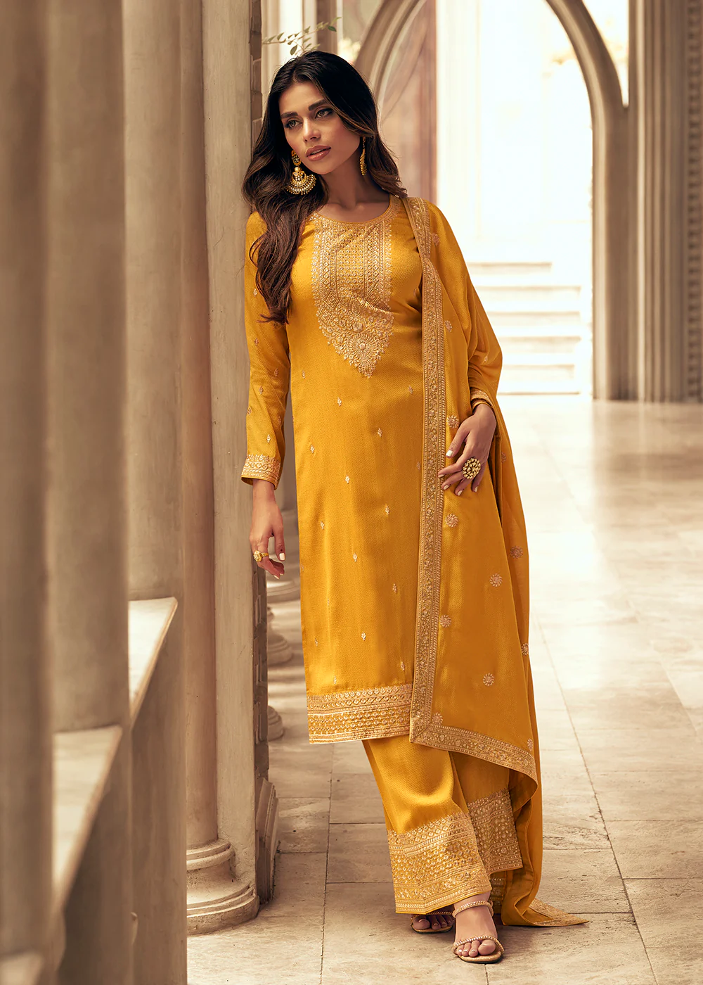 Art Silk Stunning Yellow Embroidered Festive Palazzo Suit