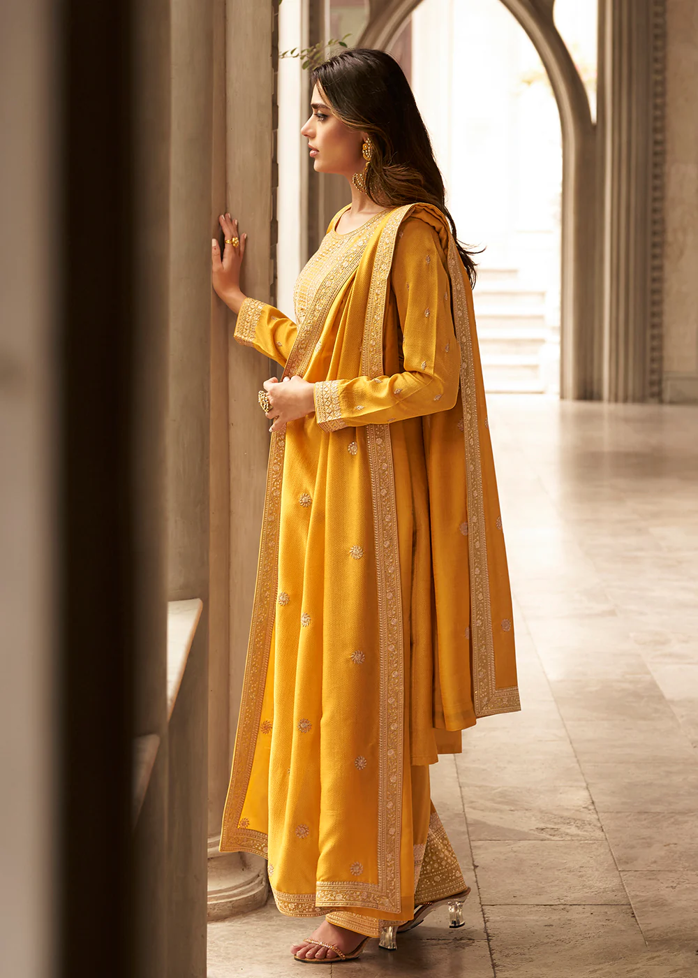 Art Silk Stunning Yellow Embroidered Festive Palazzo Suit - Image 3