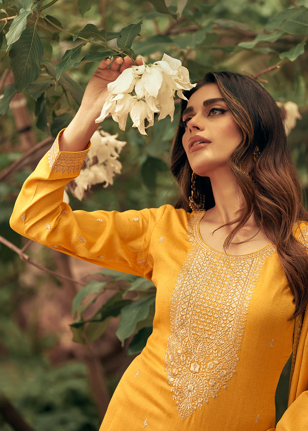 Art Silk Stunning Yellow Embroidered Festive Palazzo Suit - Image 4