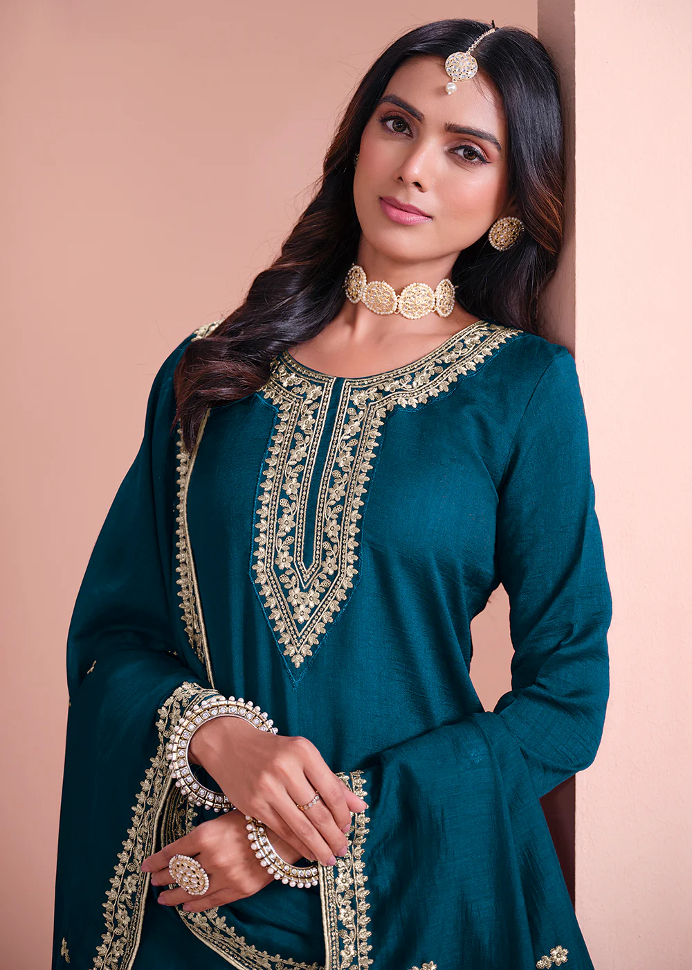 Art Silk Teal Blue Embroidered Gharara Style Suit - Image 2