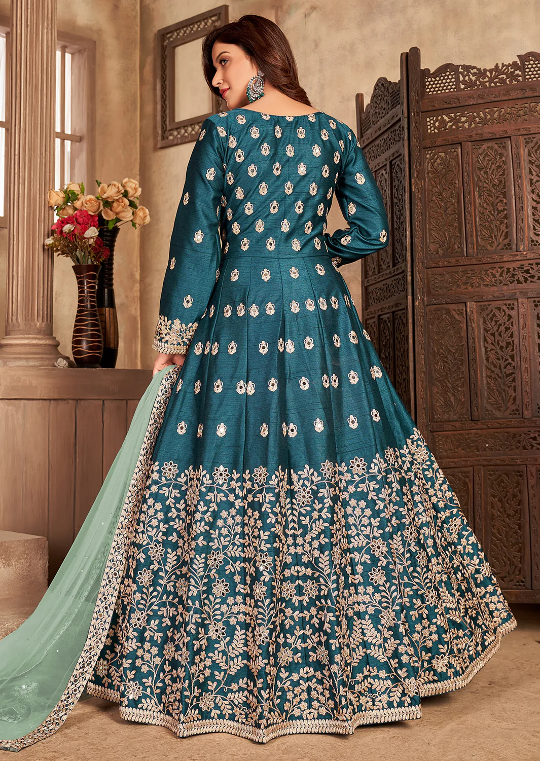 Art Silk Teal Blue Front Slit Designer Anarkali Suit - Image 3