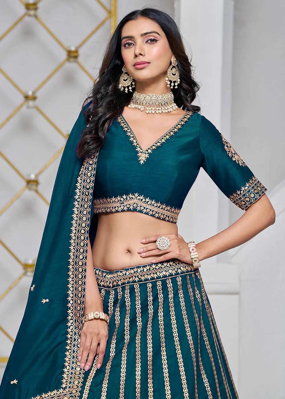 Art Silk Teal Embroidered Festive Lehenga Choli - Image 2
