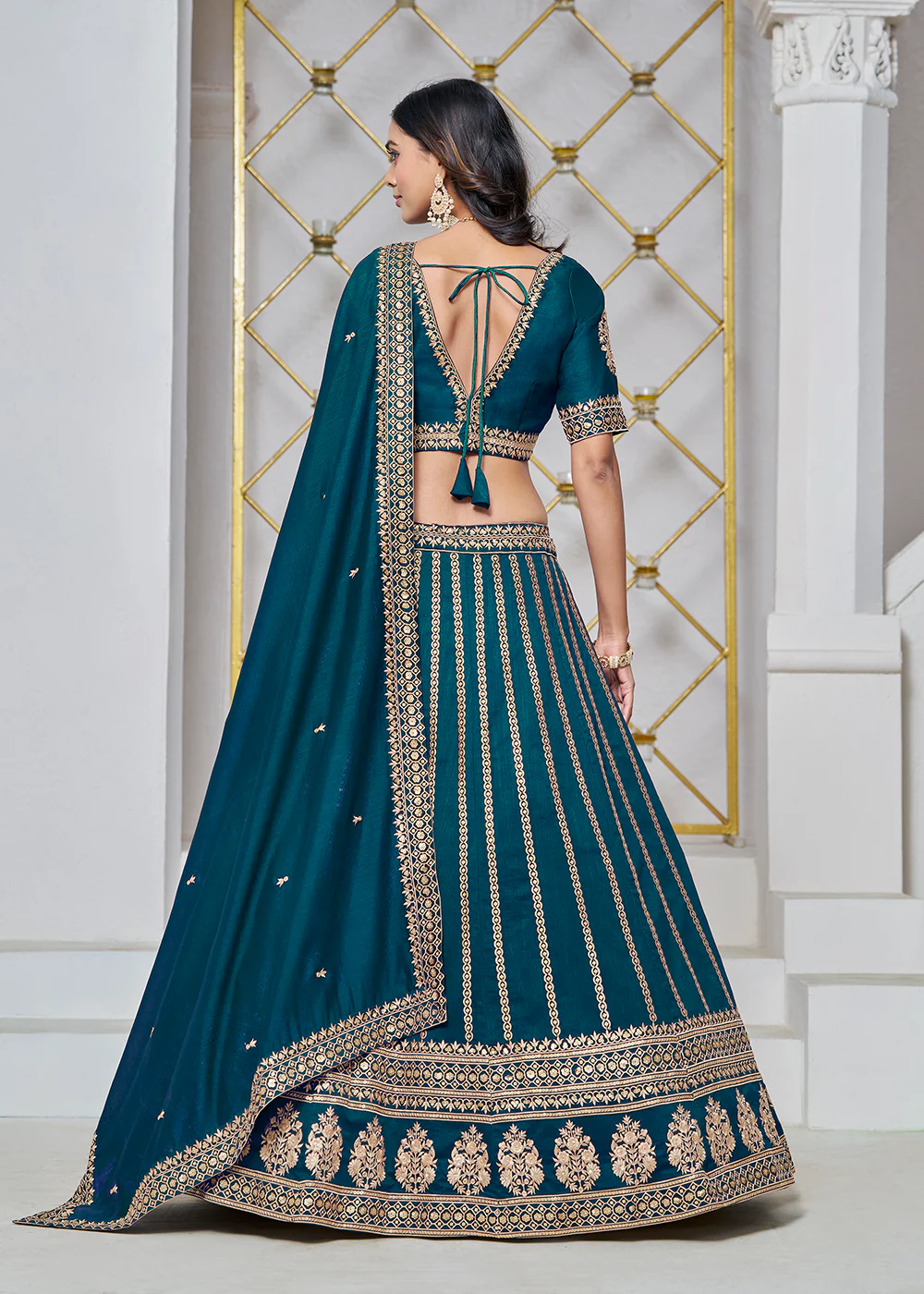 Art Silk Teal Embroidered Festive Lehenga Choli - Image 3