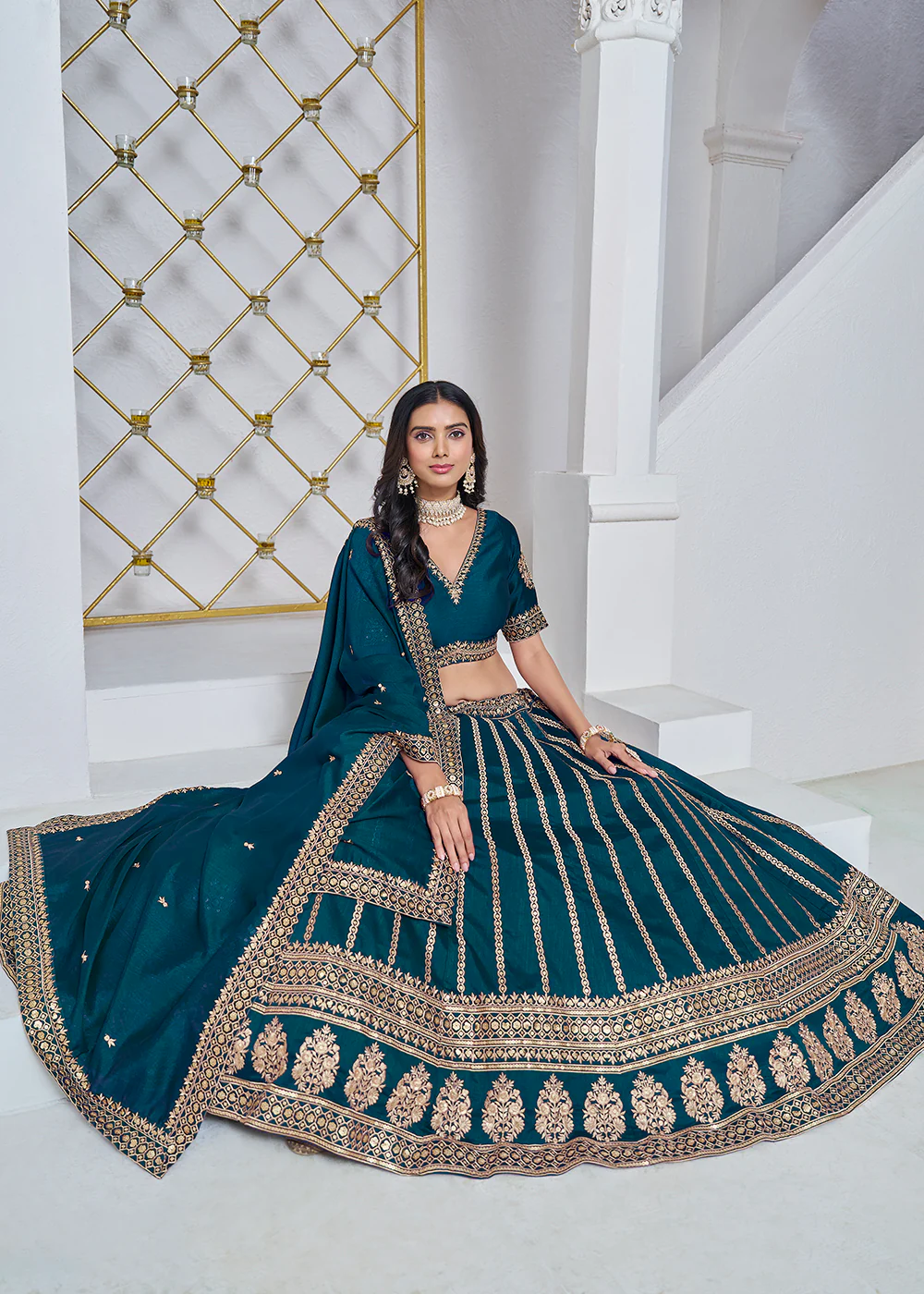 Art Silk Teal Embroidered Festive Lehenga Choli - Image 4