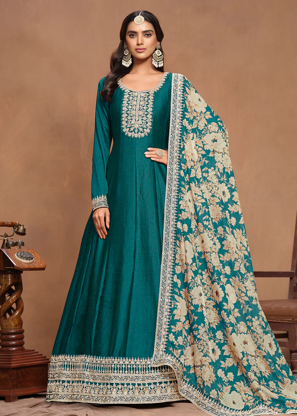 Art Silk Teal Embroidered Wedding Anarkali Gown