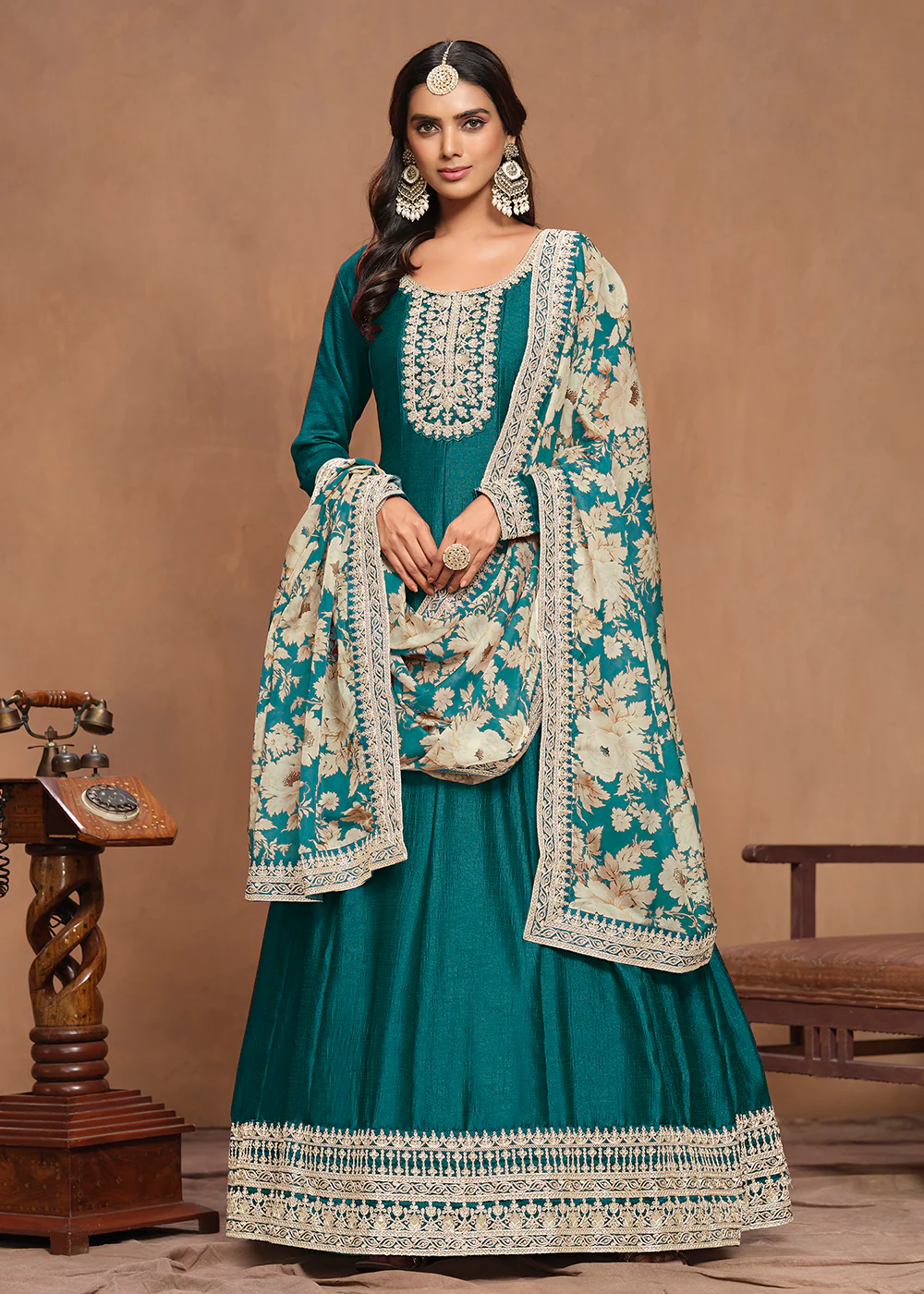 Art Silk Teal Embroidered Wedding Anarkali Gown - Image 4