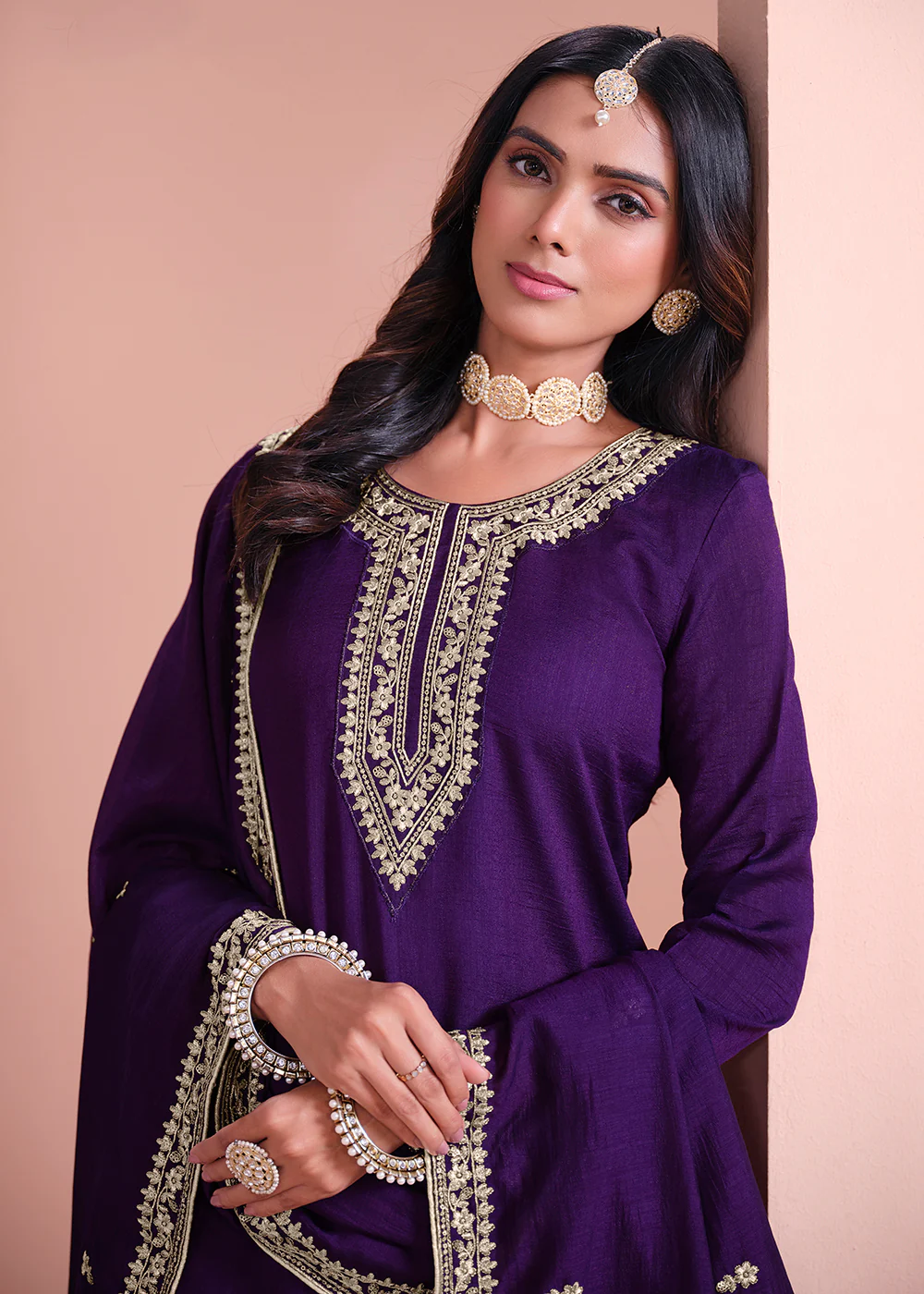 Art Silk Violet Purple Embroidered Gharara Style Suit - Image 2