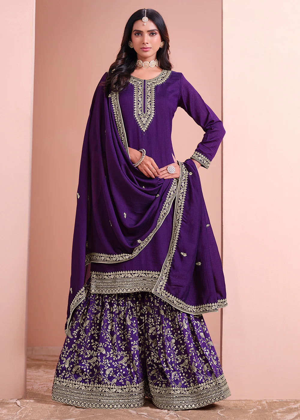 Art Silk Violet Purple Embroidered Gharara Style Suit - Image 3
