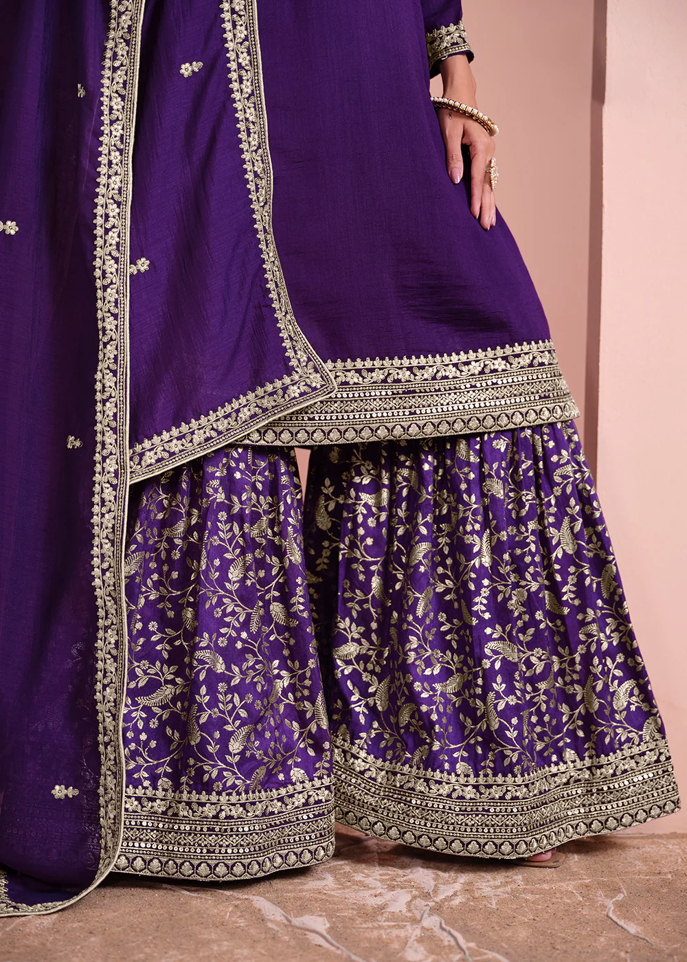 Art Silk Violet Purple Embroidered Gharara Style Suit - Image 4