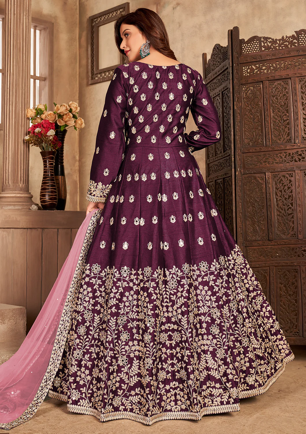 Art Silk Wine Front Slit Designer Anarkali Suit - Image 3