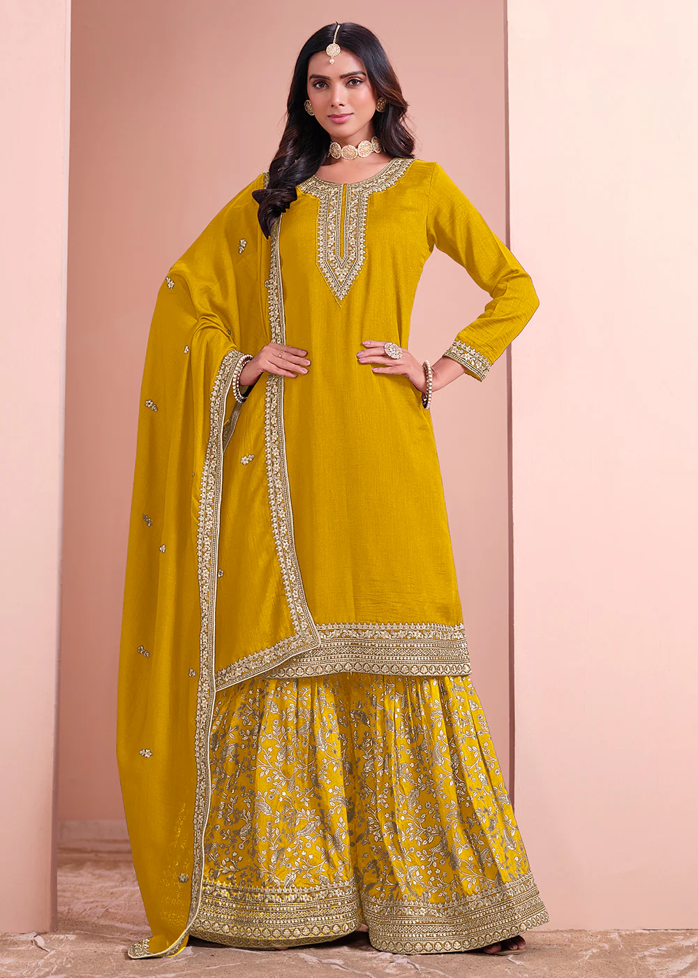 Art Silk Yellow Embroidered Gharara Style Suit