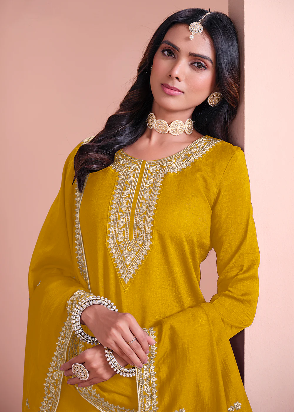 Art Silk Yellow Embroidered Gharara Style Suit - Image 2