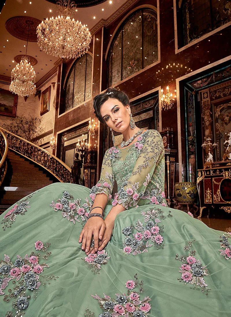 Artistic Green Floral Embroidered Designer Net Anarkali Suit - Image 2