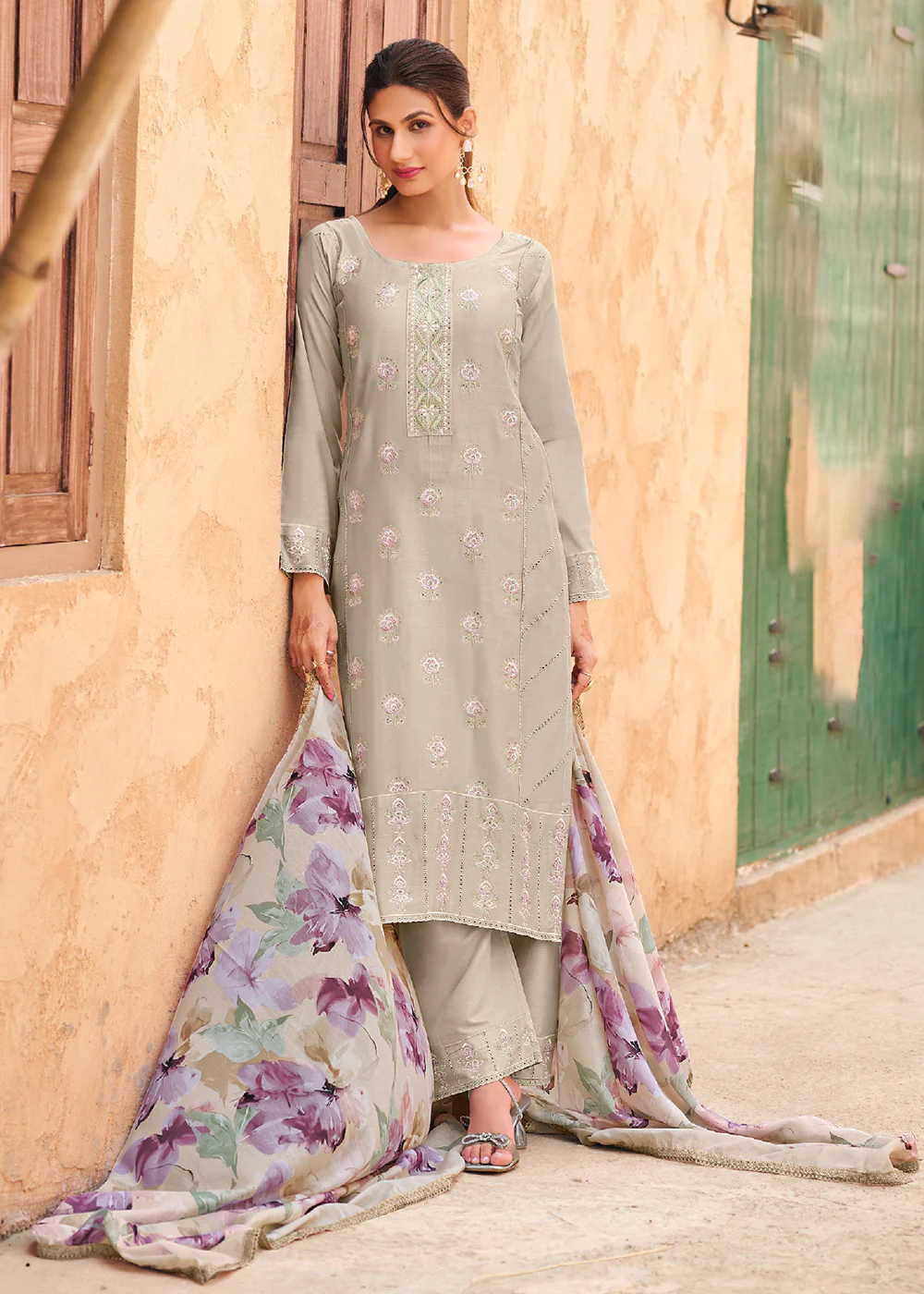 Ash Beige Cotton Embroidered Festive Salwar Suit
