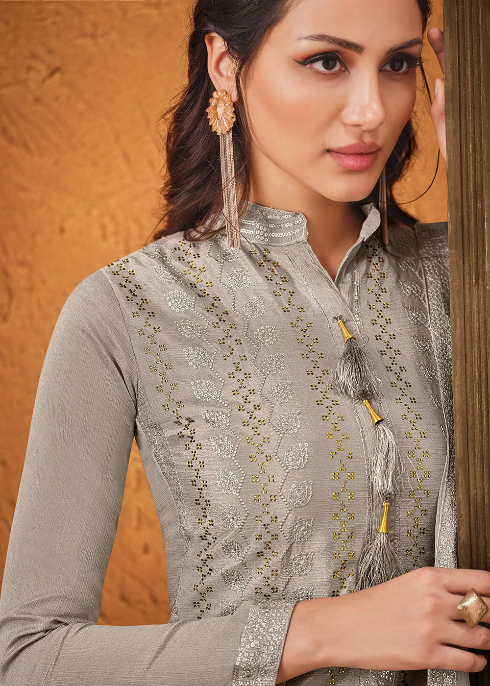 Ash Grey Chiffon Embroidered Sharara Suit - Image 2