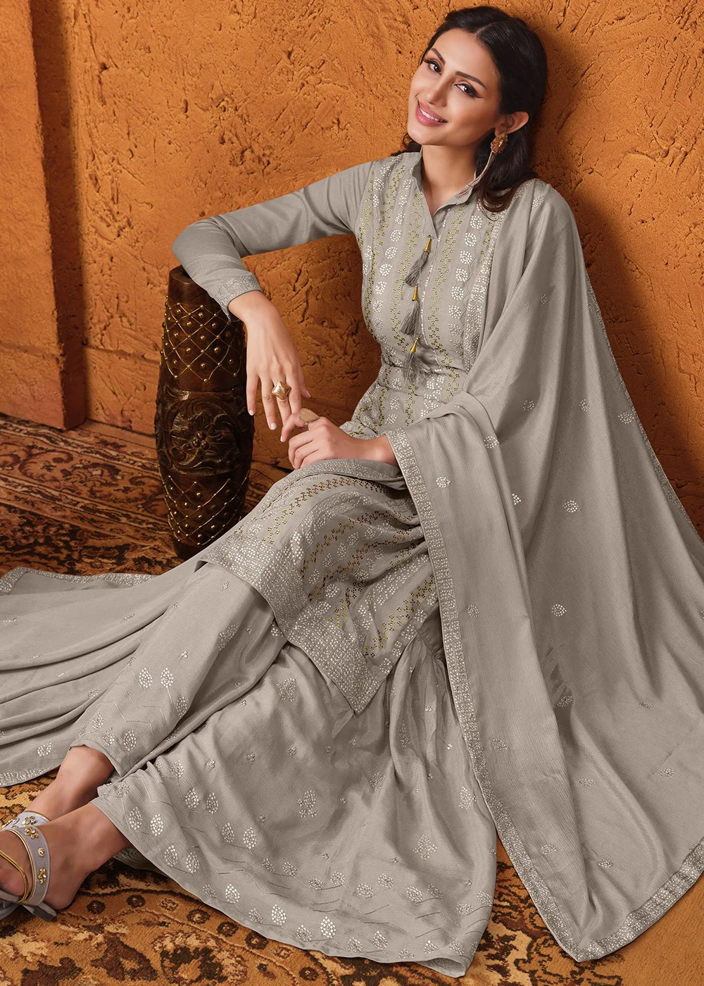 Ash Grey Chiffon Embroidered Sharara Suit - Image 3