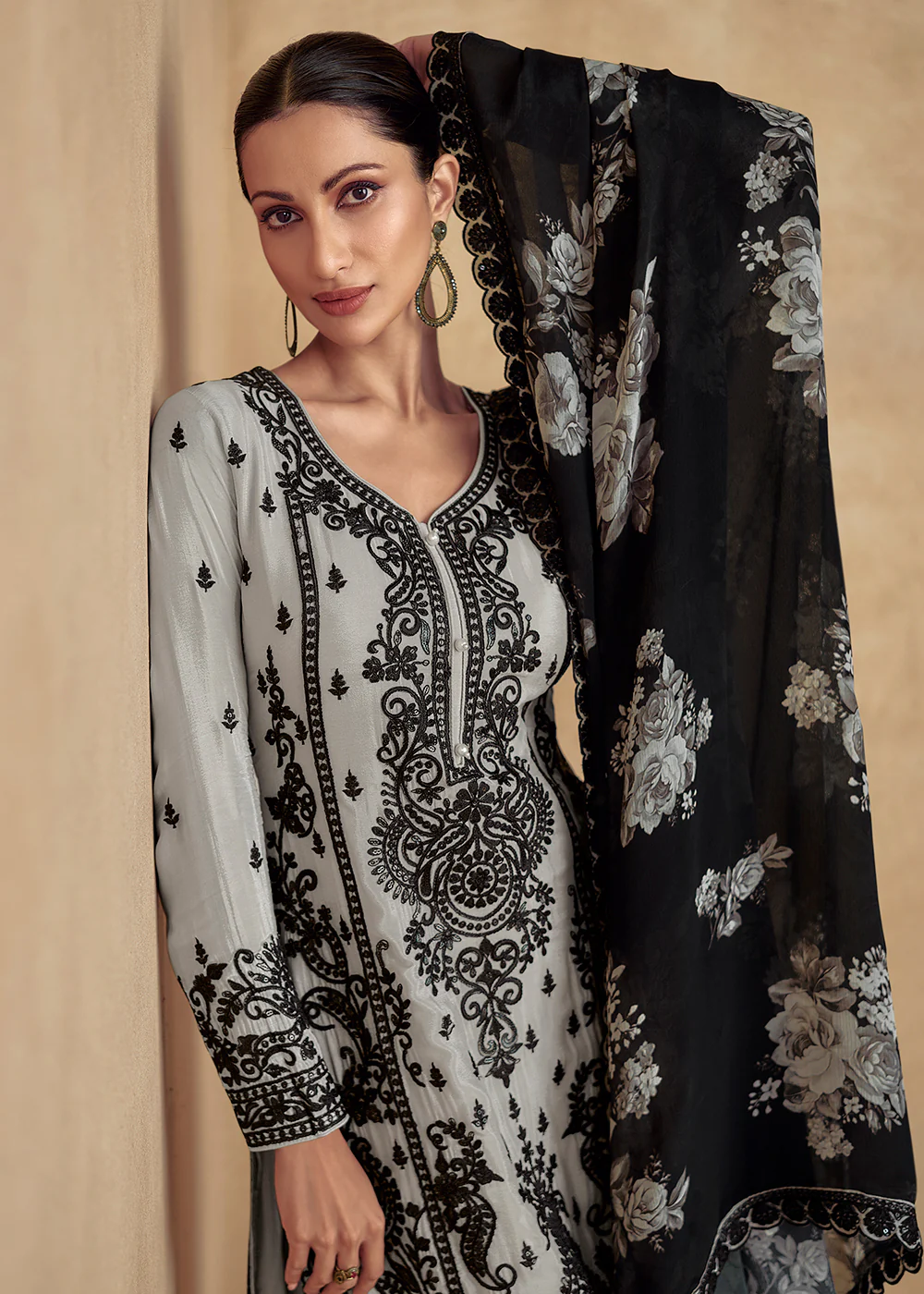 Ash Grey Embroidered Lucknowi Style Palazzo Suit - Image 2