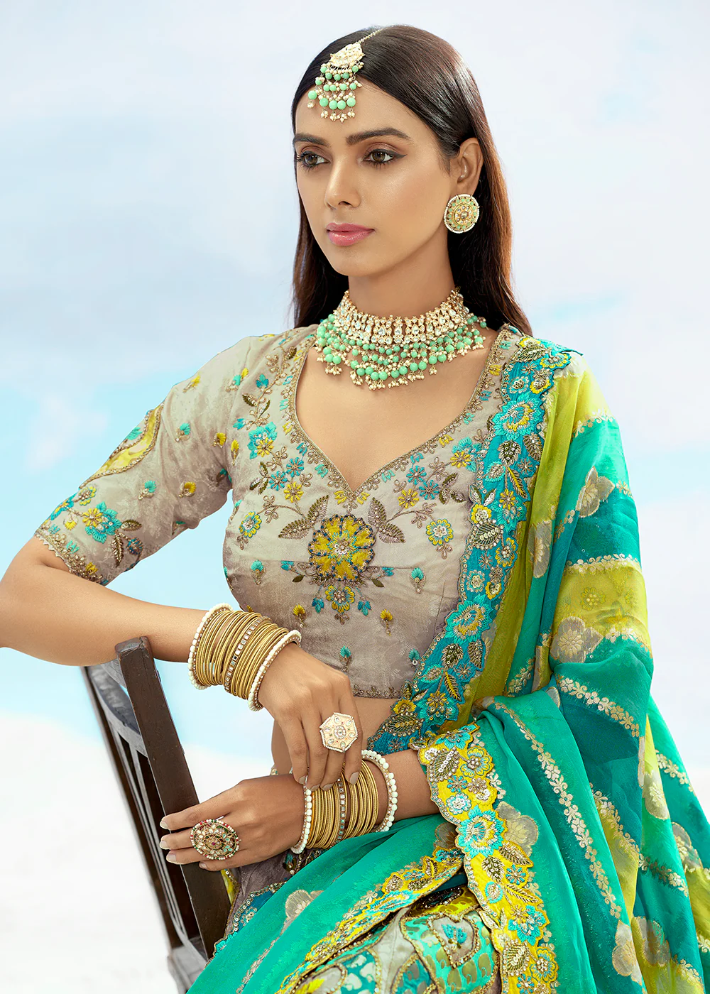 Ash Grey Fancy Silk Heavy Embroidered Bridal Lehenga Choli - Image 2