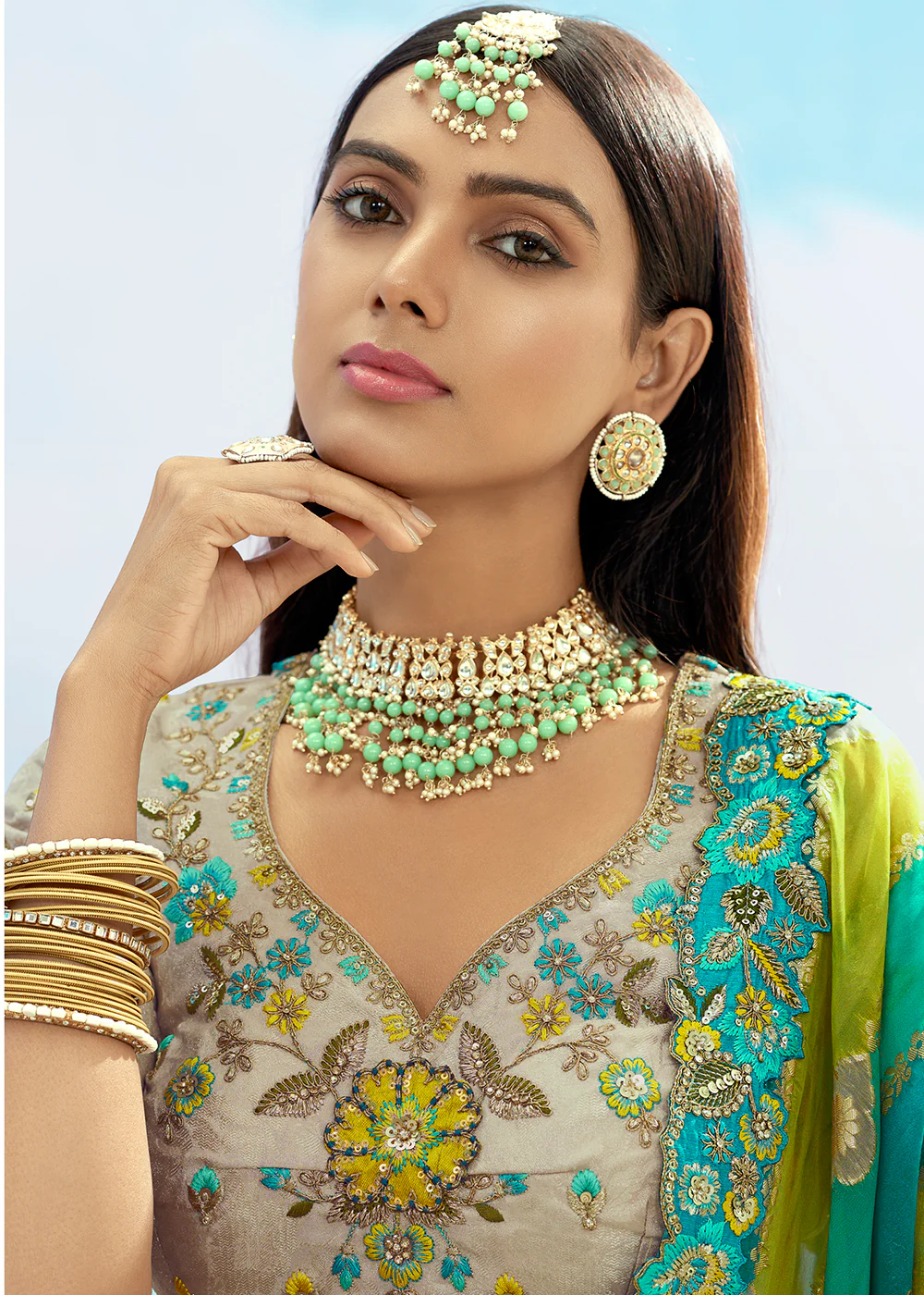 Ash Grey Fancy Silk Heavy Embroidered Bridal Lehenga Choli - Image 5