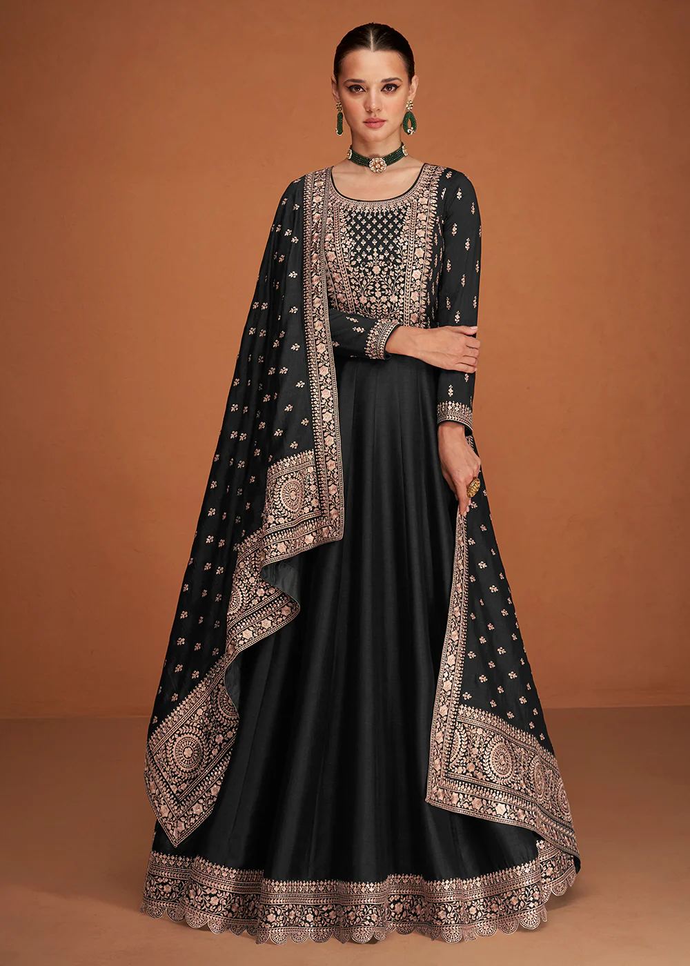 Astonishing Black Silk Embroidered Party Wear Anarkali